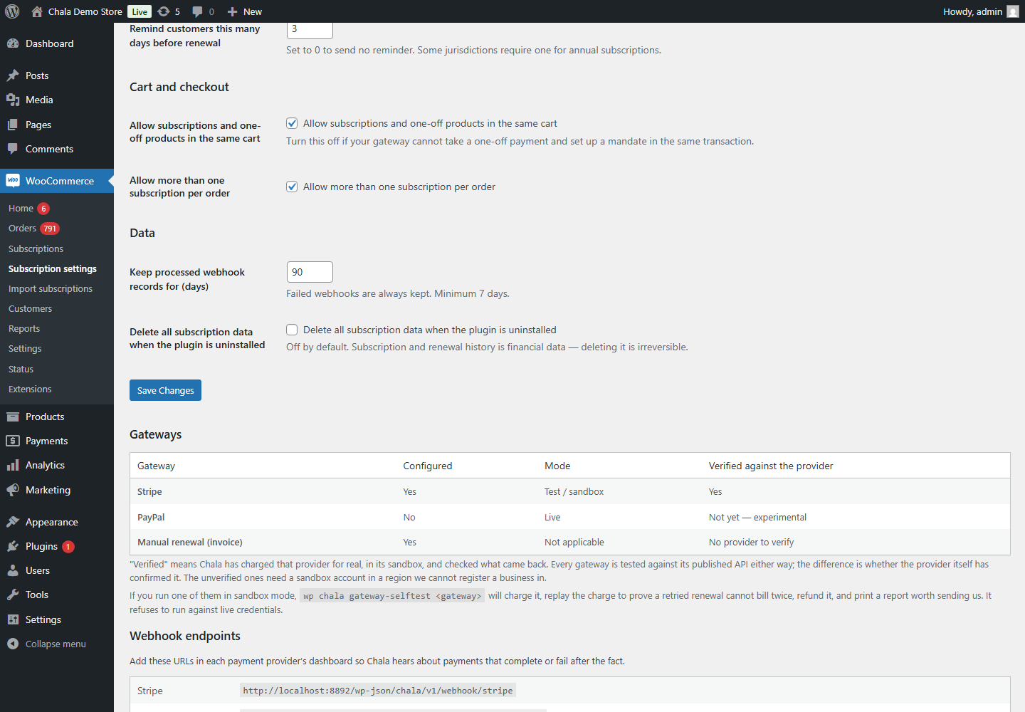 Settings, including which gateways have been verified against the provider.