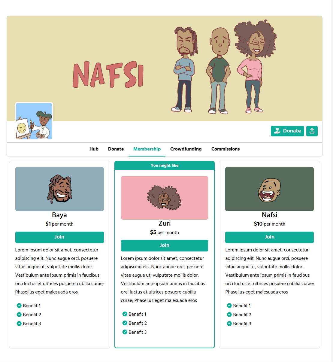 Membership selection page with multiple tier options and perks.