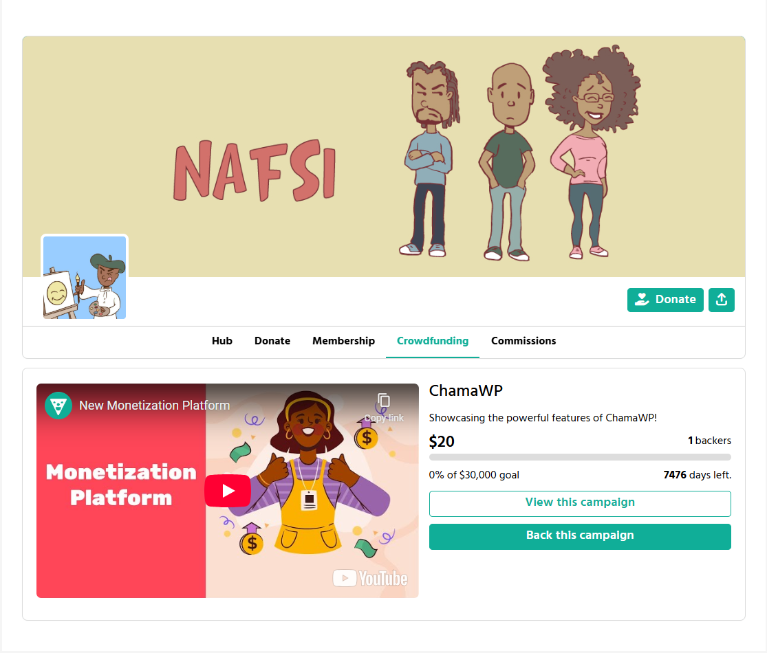 Active crowdfunding campaign featuring a video introduction and goal tracker.