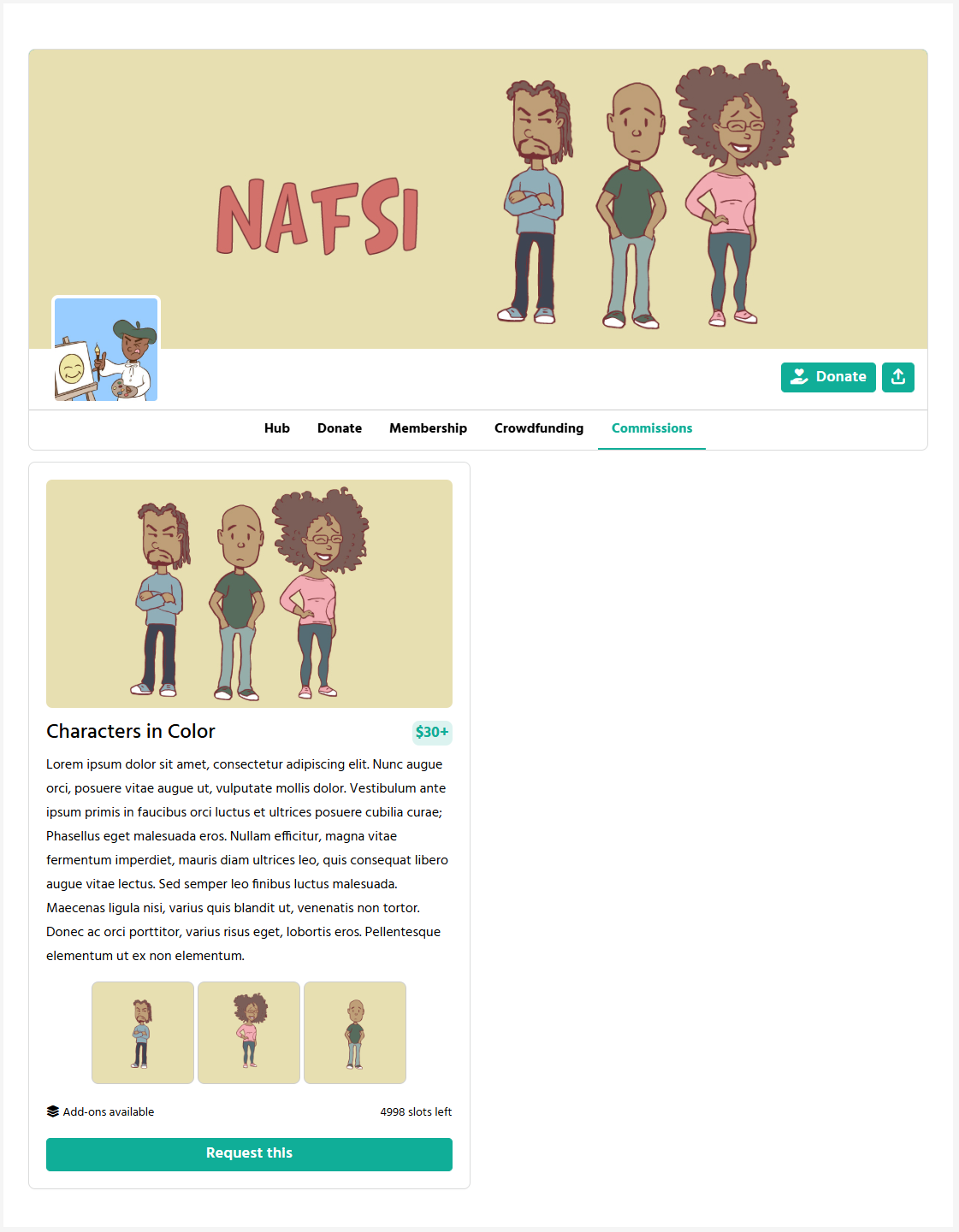 Commission offerings displayed for supporters to request custom work.