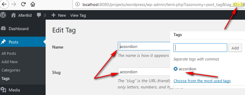 **Create special category for the accordion**. >>> Use categories of the tags.