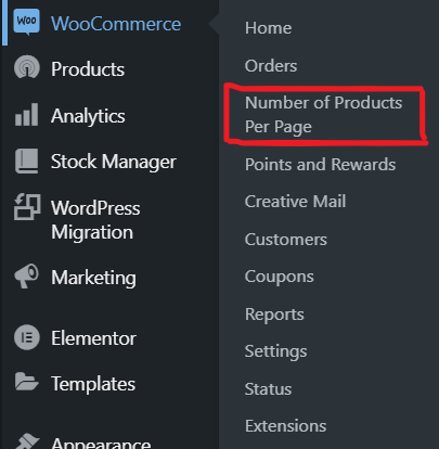 Navigate to Plugin Settings (WooCommerce -> Number of Products Per Page)