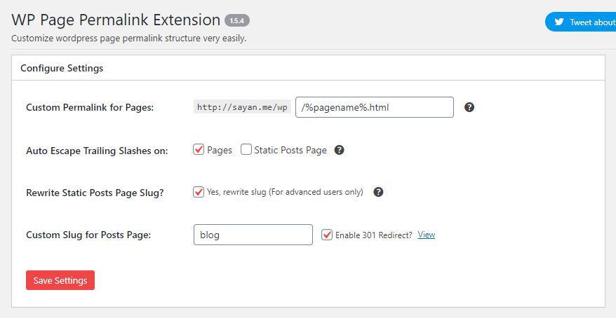 This is the admin area of WP Page Permalink Extension.