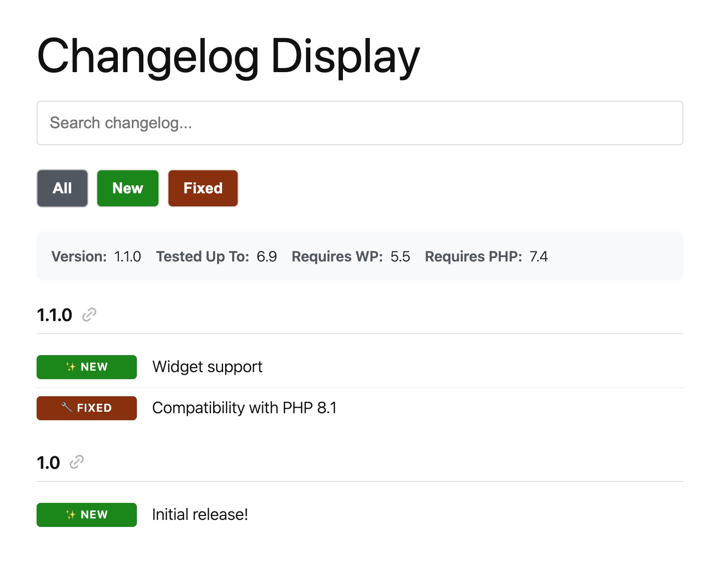 Frontend changelog display with color-coded badges - professional, easy-to-scan changelog with Added, Fixed, Improved, and Security badges