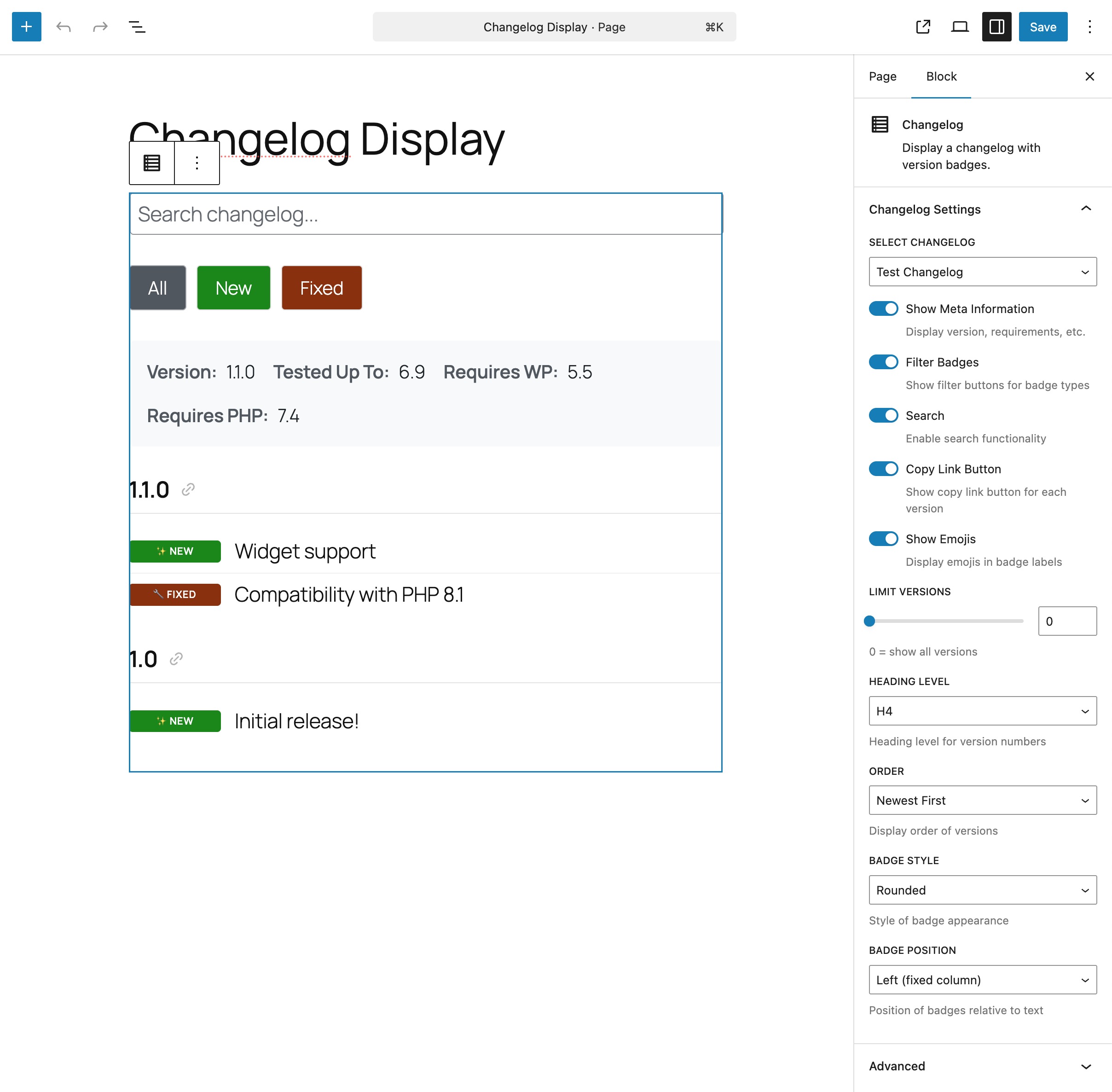 Gutenberg block interface in the editor - select changelog and configure display options with the modern block editor
