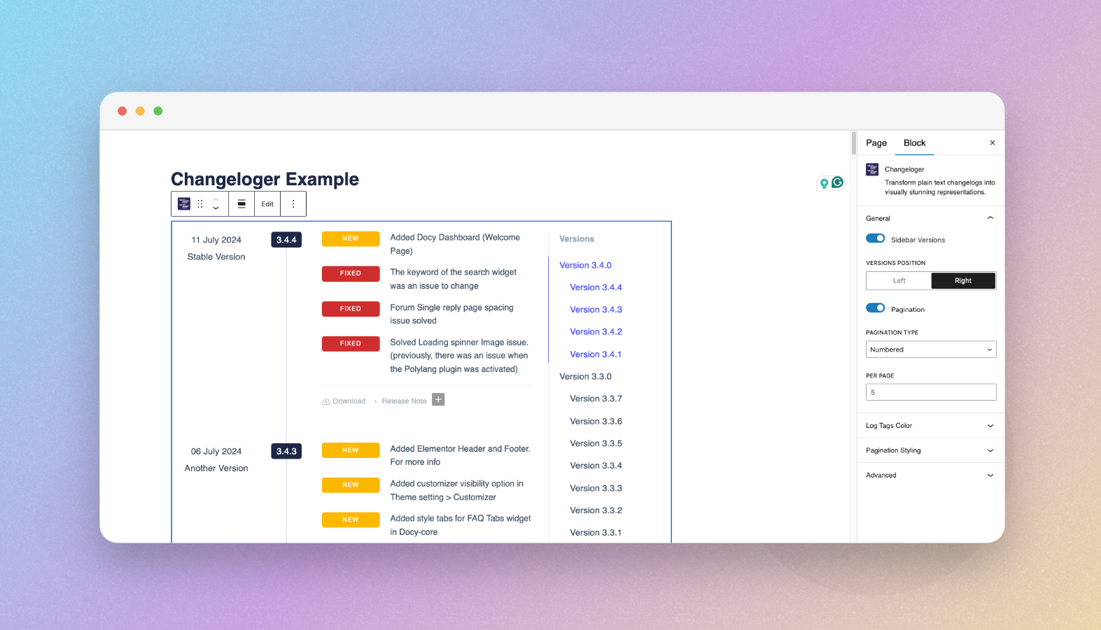 Changeloger block editor with a preview of the visually designed changelog. You can customize the design and layout options.