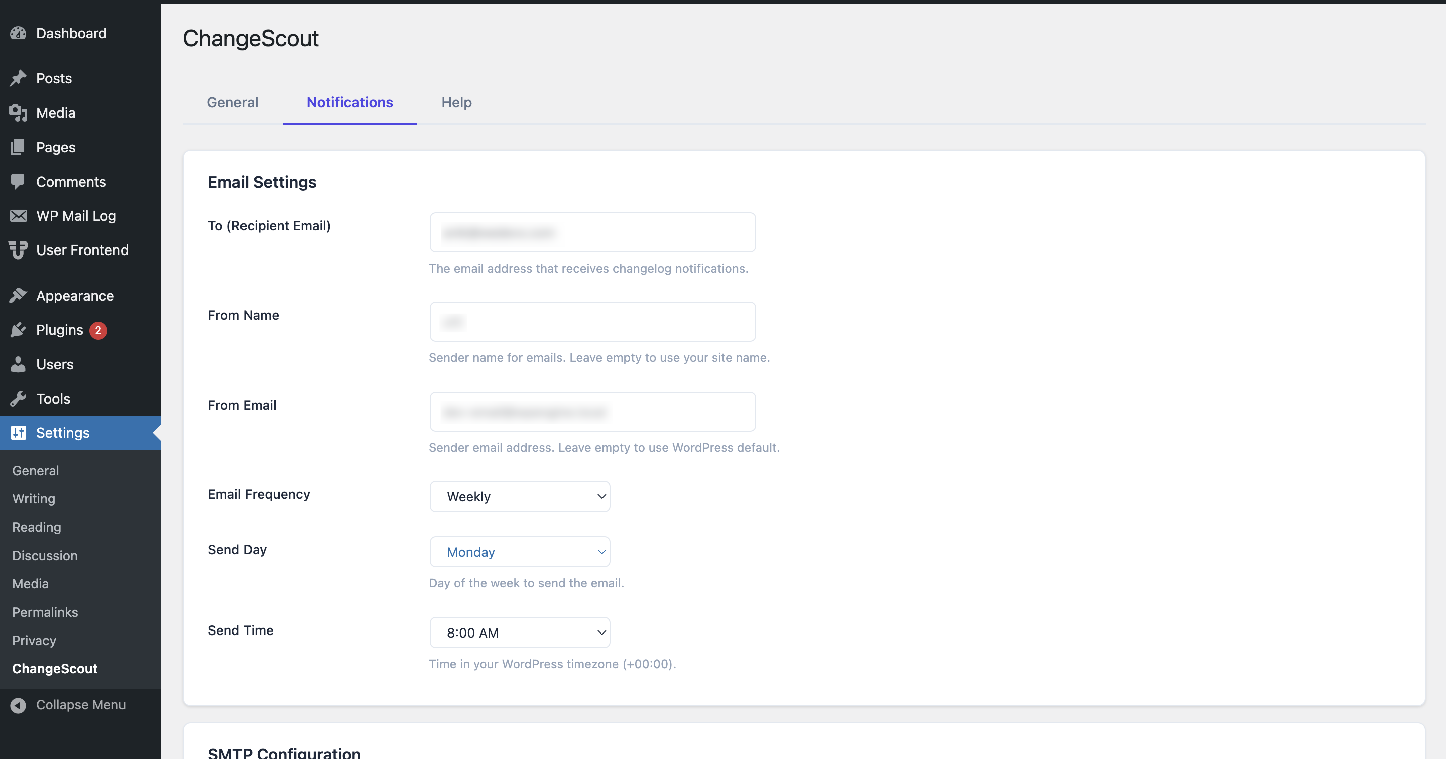 SMTP configuration screen for custom email sending setup