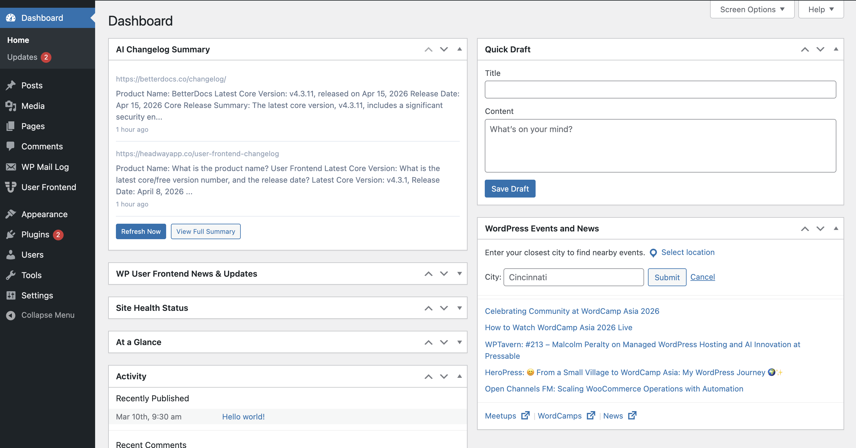 WordPress dashboard widget showing recent changelog summaries at a glance
