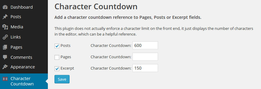 The Character Countdown settings screen in WP Admin