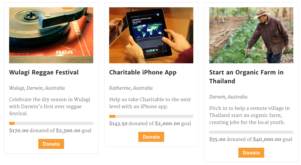 A grid of donation form campaigns, added using the `[campaigns]` shortcode.