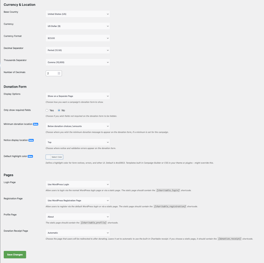 Setting up Charitable Donation Forms: The General settings area.