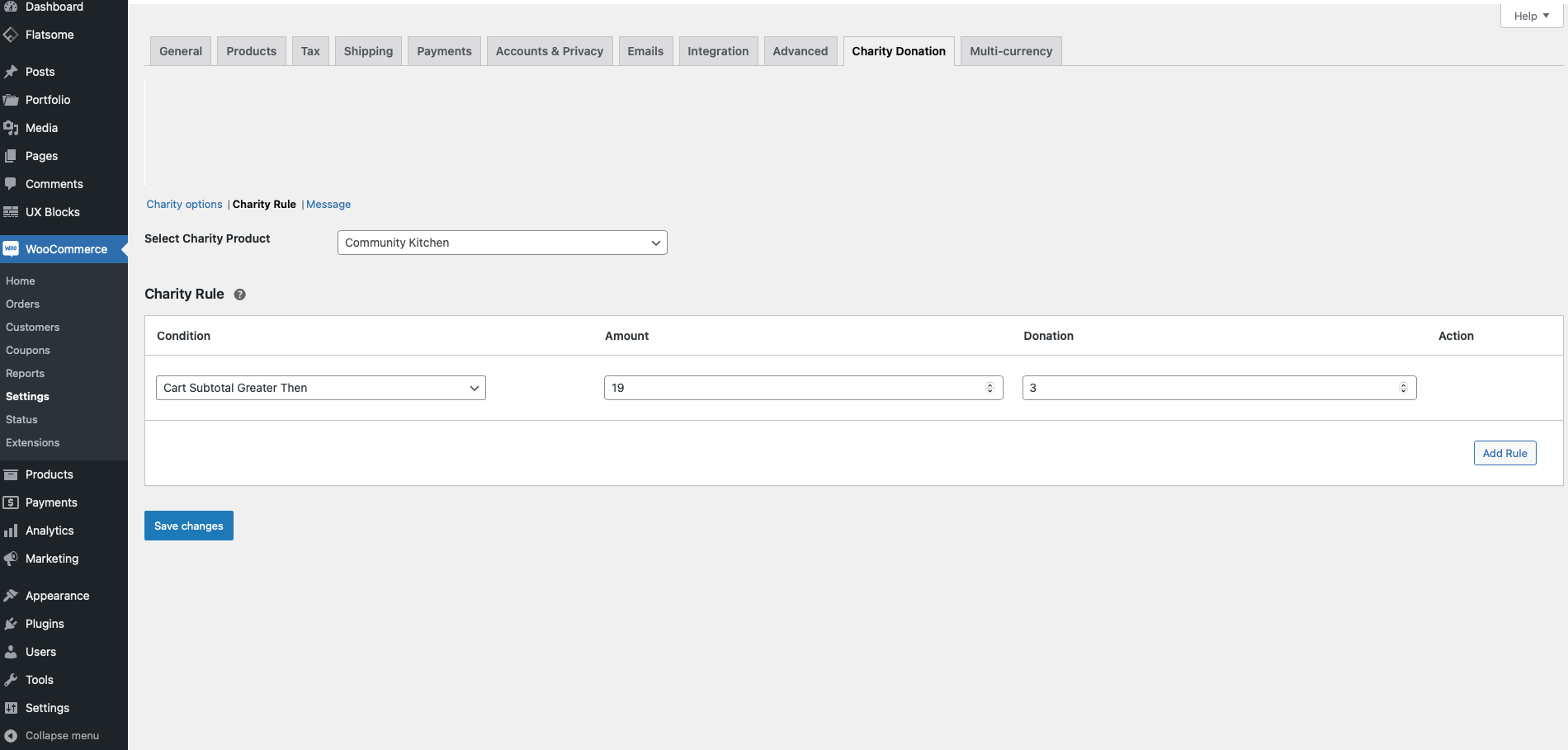 Configure a rule in Woocommerce settings e.g. If the cart subtotal is greater than £20, we will donate £2 to our chosen charity
