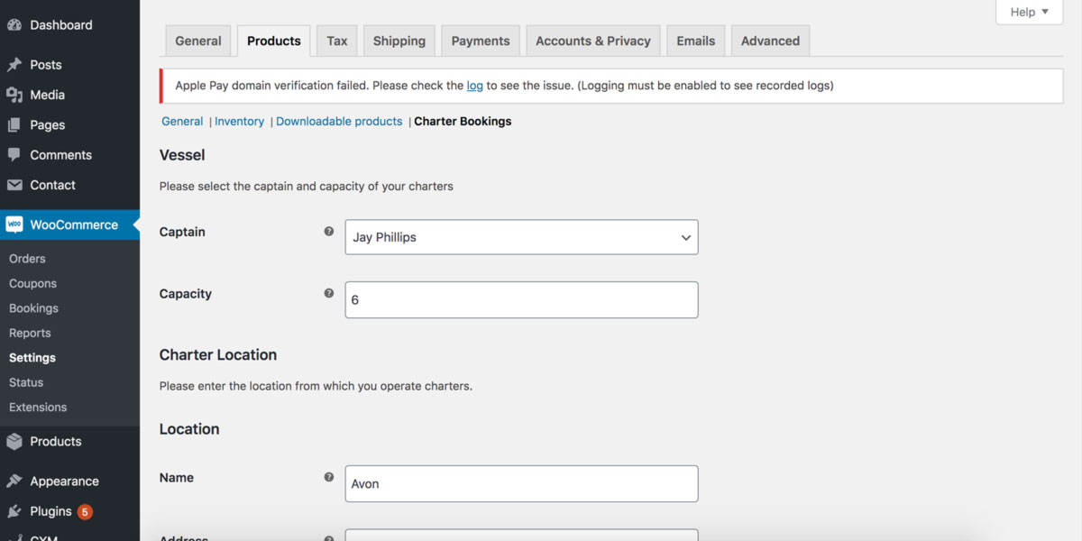 Settings: Find plugin settings located within WooCommerce->Settings->Products->Charter Bookings