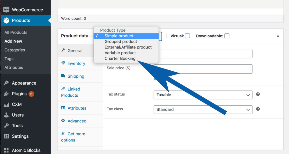 Product Admin: Create product - Select Charter Booking product type