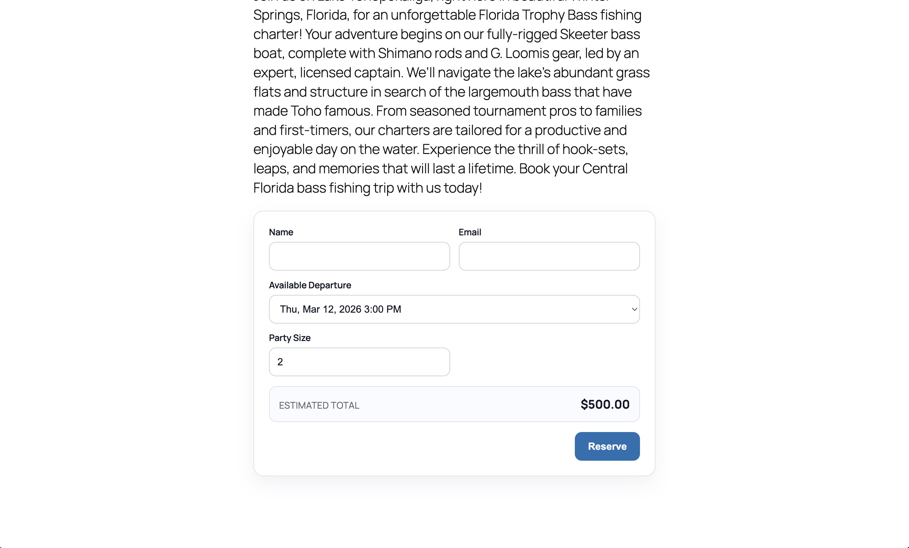 Booking Form: Customer booking form with trip context, guest details, and validation for a smooth checkout-style request flow.
