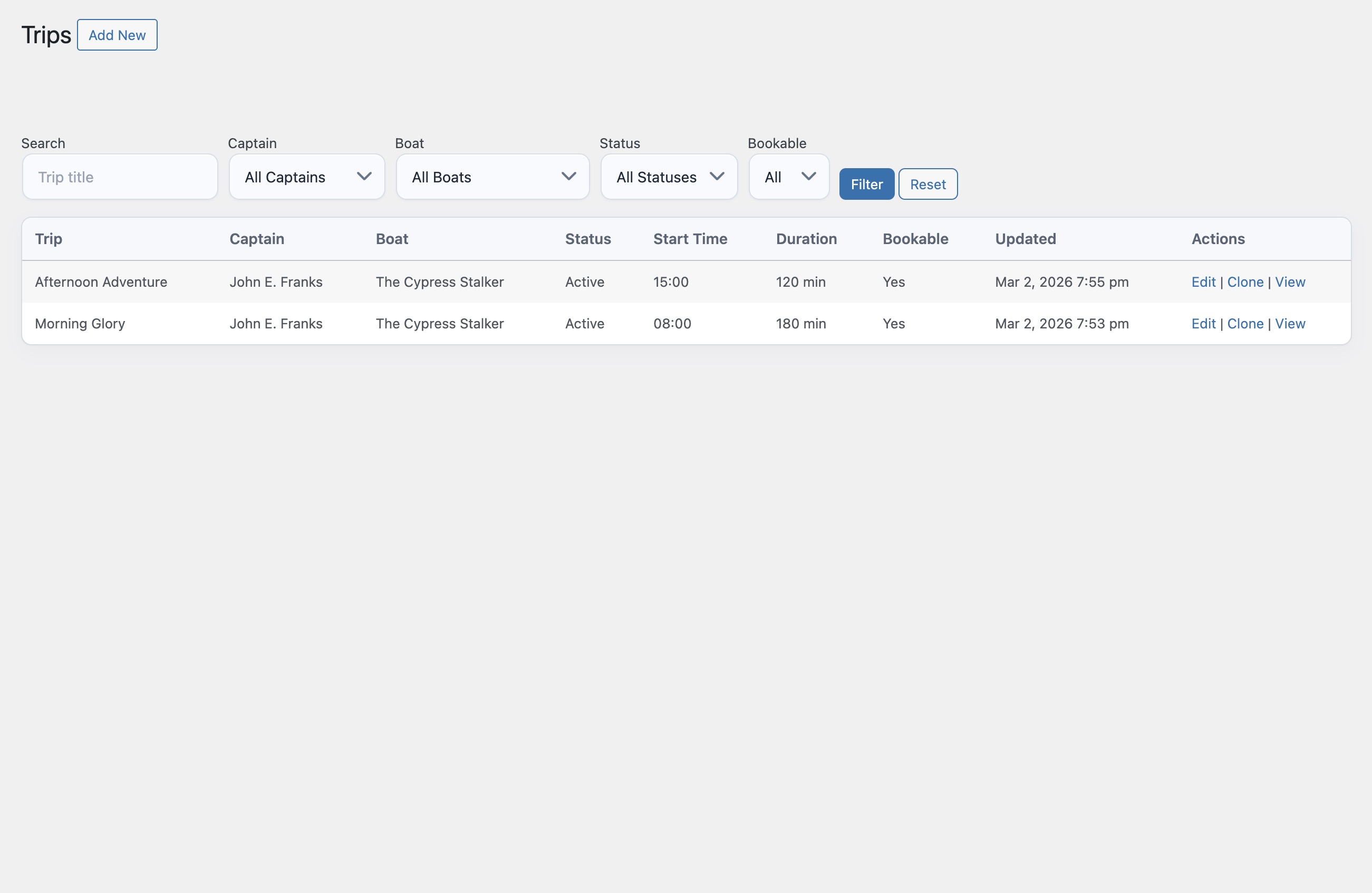 Trips Admin: Trip management screen in wp-admin showing schedule, capacity, and status at a glance.