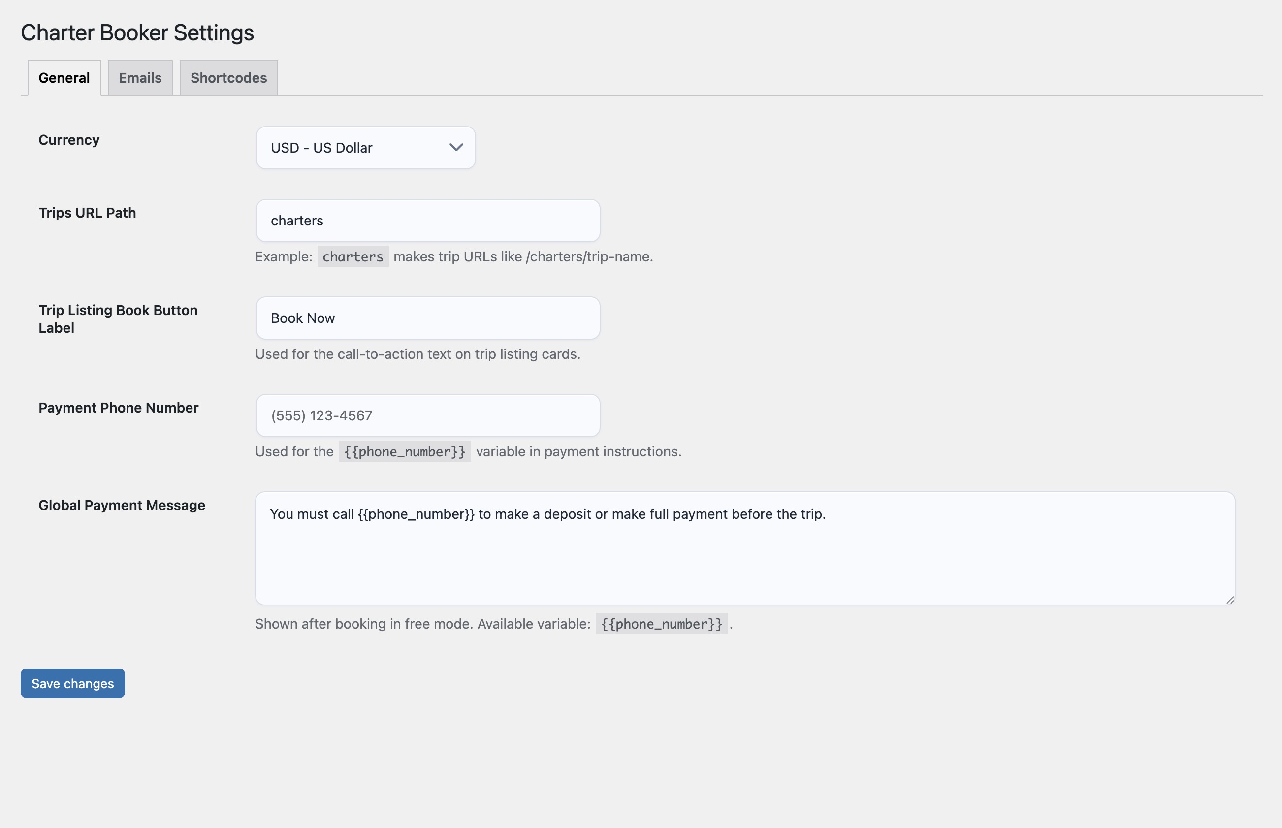 Email Templates and Settings: Notification and settings area for controlling customer/admin emails and booking behavior.