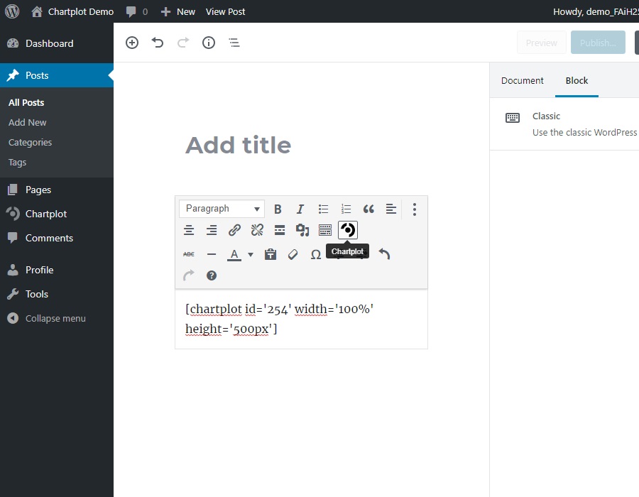 Add shortcode using the chartplot button in the classical editor.