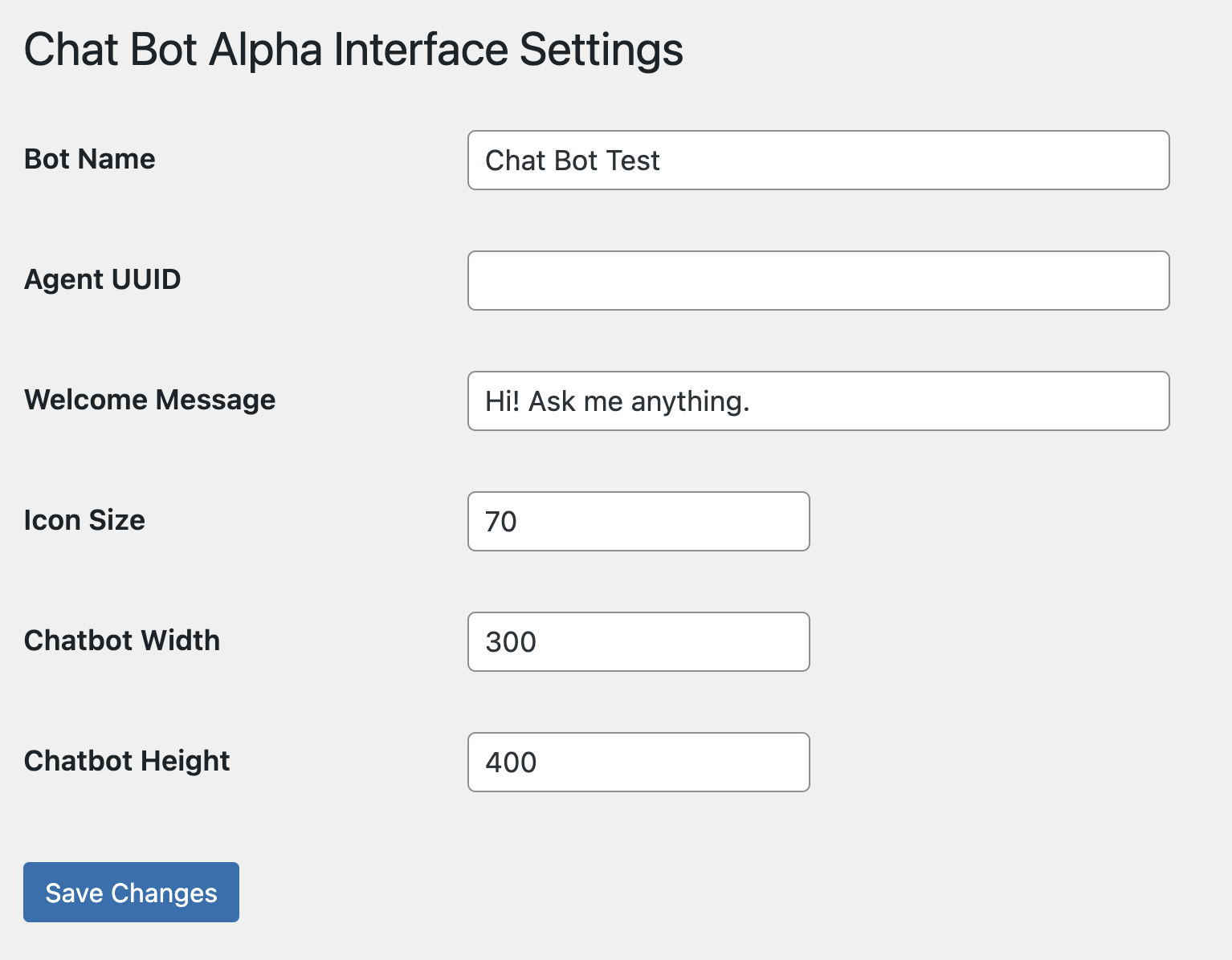 **Admin settings page** — configure bot name, IDs, and dimensions\