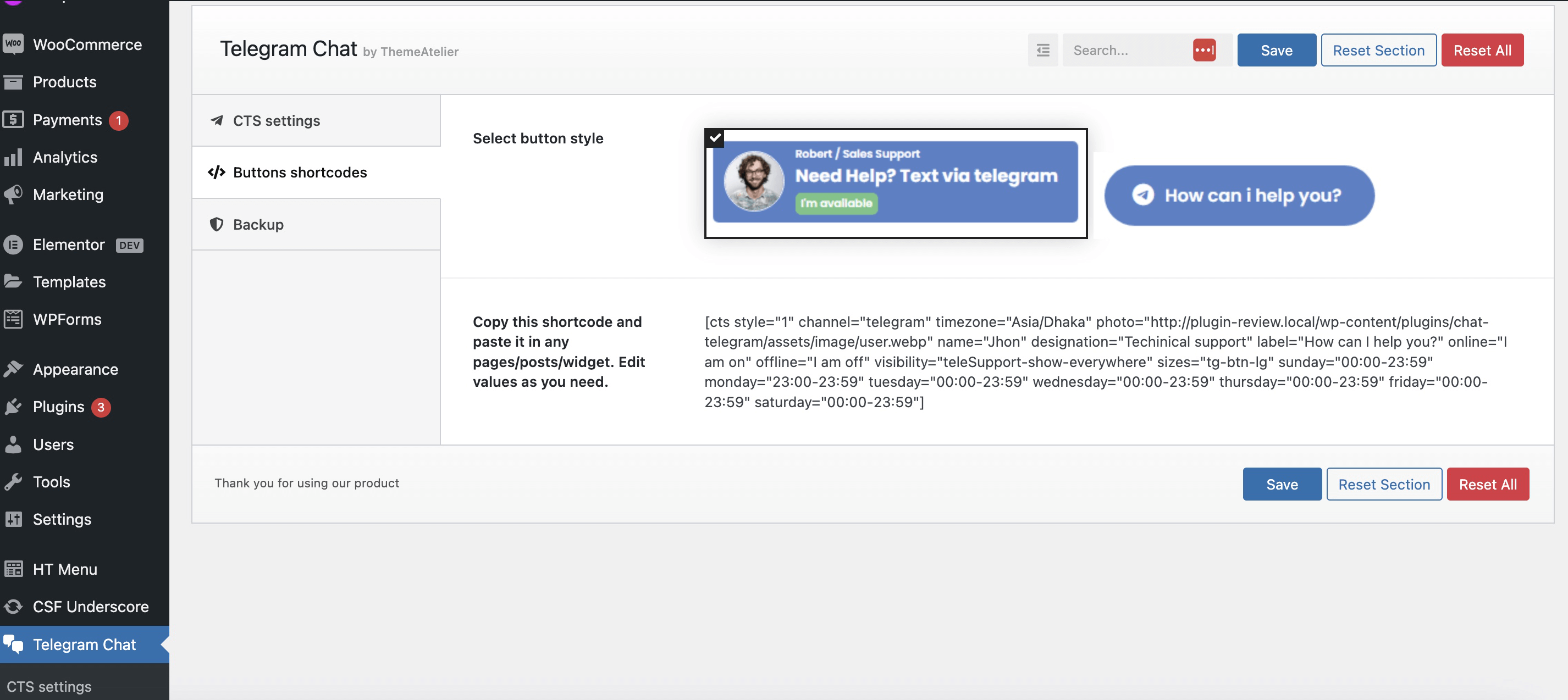 Shortcode in settings panel