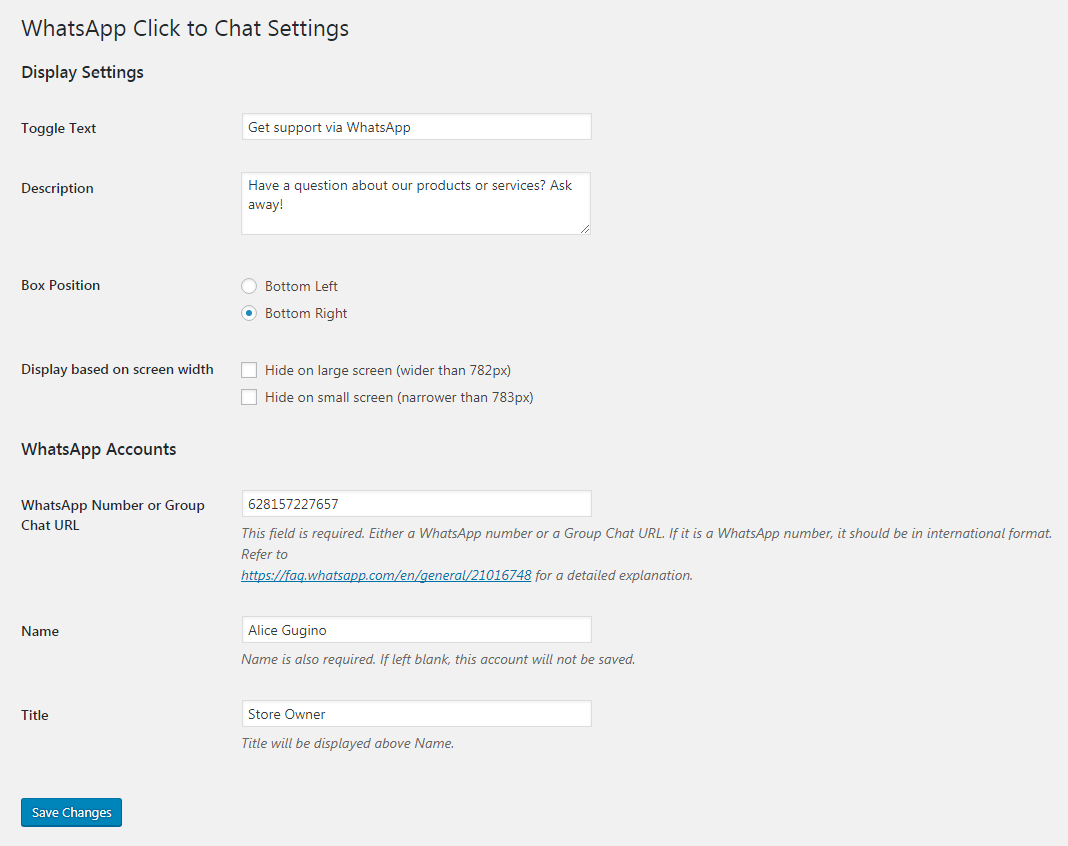 The settings page