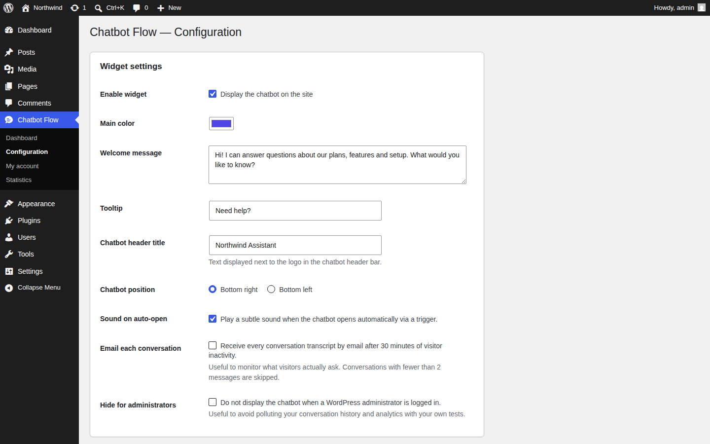 Configuration: widget appearance — colours, welcome message, tooltip, position and sound
