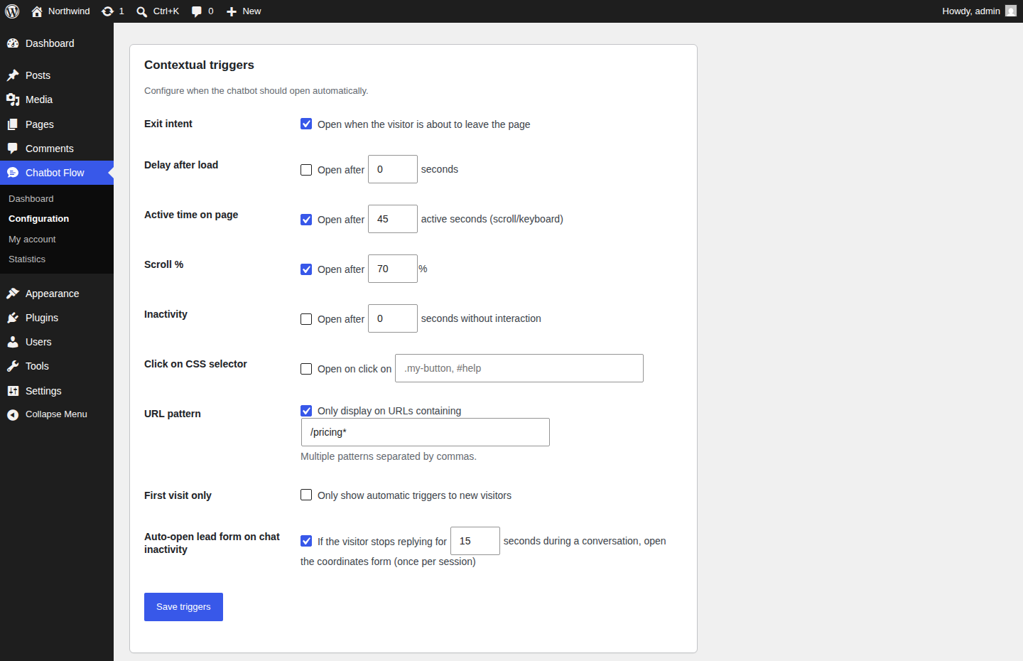 Contextual triggers: exit intent, active time on page, scroll depth, URL pattern and lead-form inactivity