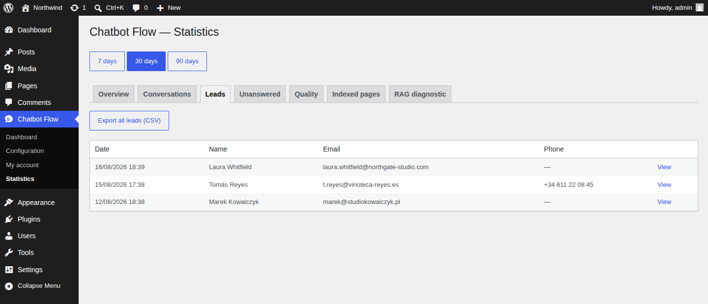 Collected leads, with one-click CSV export