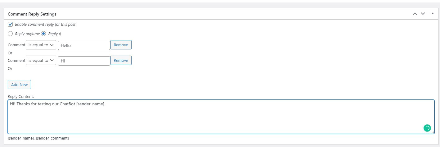 Auto comment reply settings