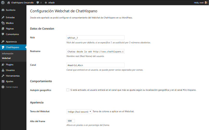 Página de configuración del WebChat.