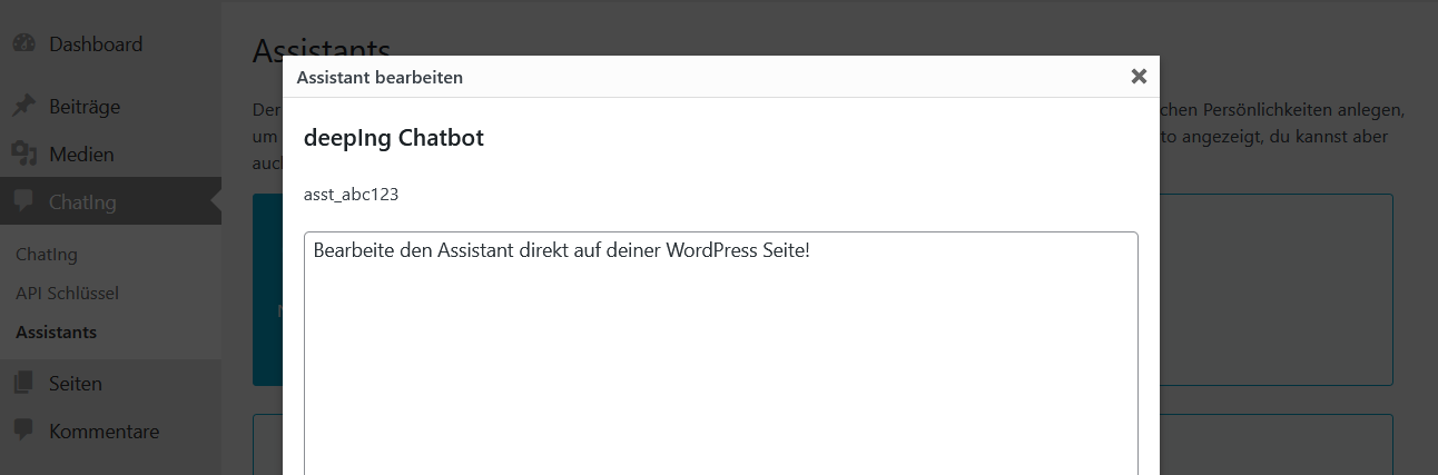 Die Anweisungen für den Assistant können direkt bei WordPress bearbeitet werden.