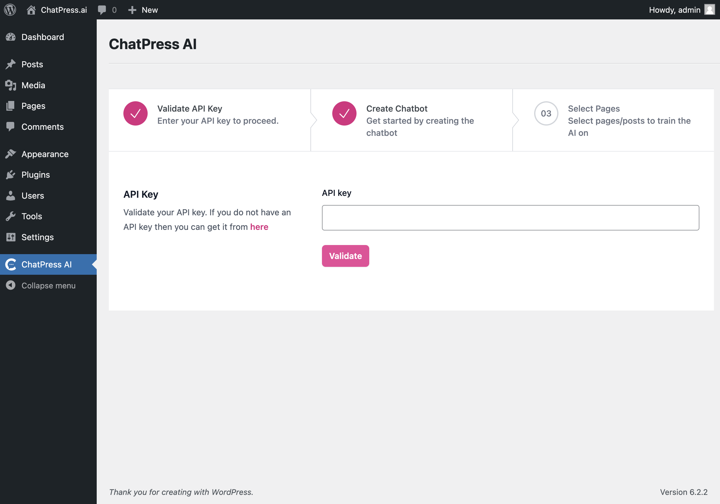 Verify account - Copy your API key from chatpress.ai/dashboard.