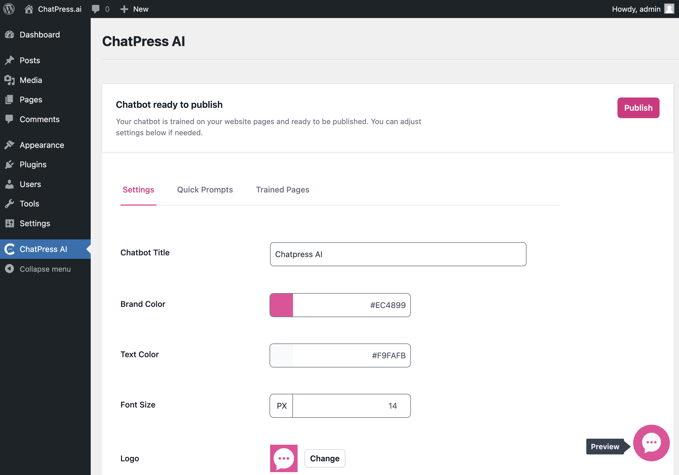 Once the training is over, hit that publish button and your chatbot will be published on your website.