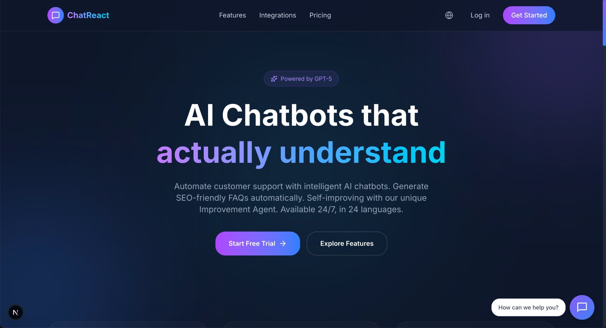 Chat widget (closed) — A subtle floating button invites visitors to chat