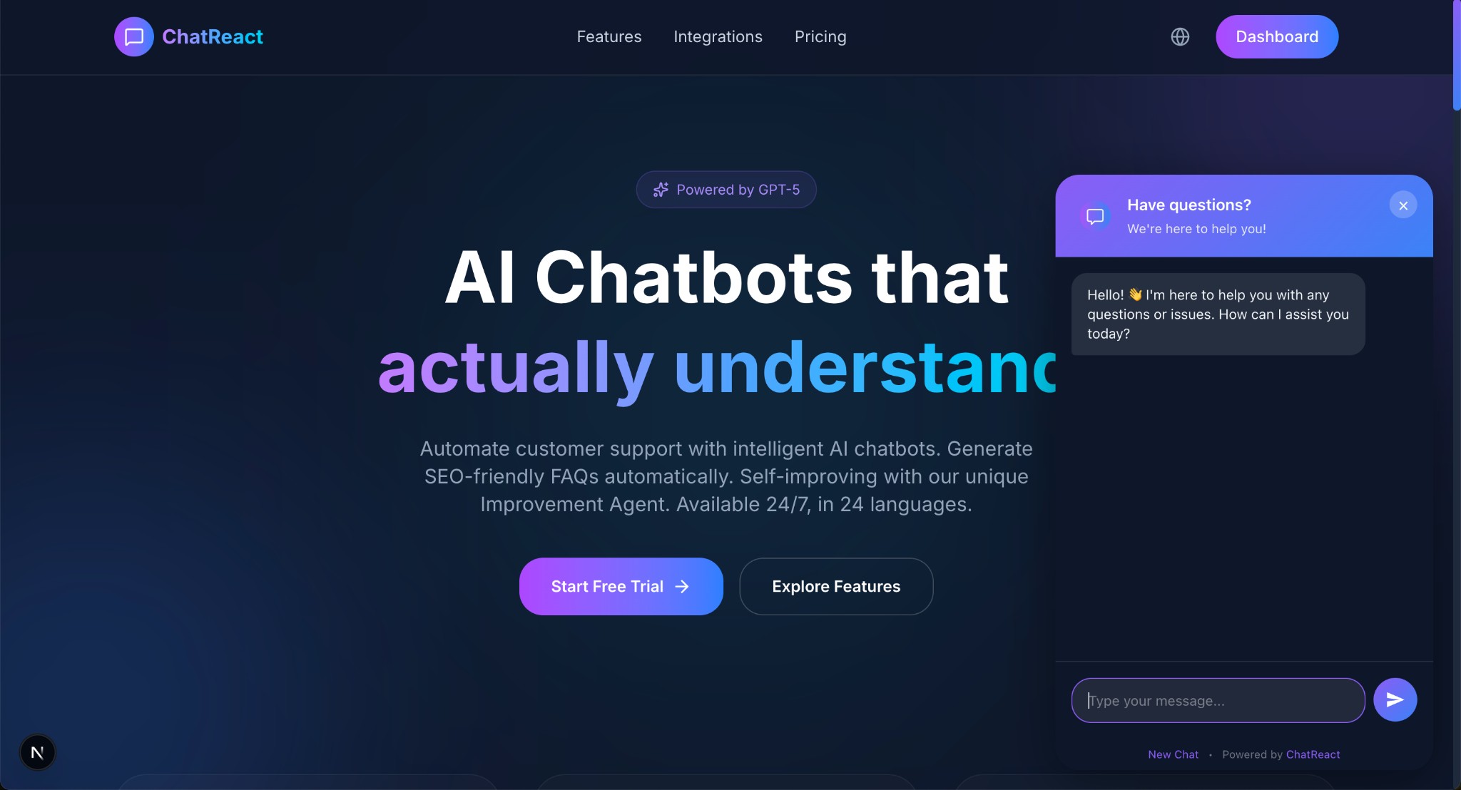 Chat widget (open) — AI-powered conversations right on your website