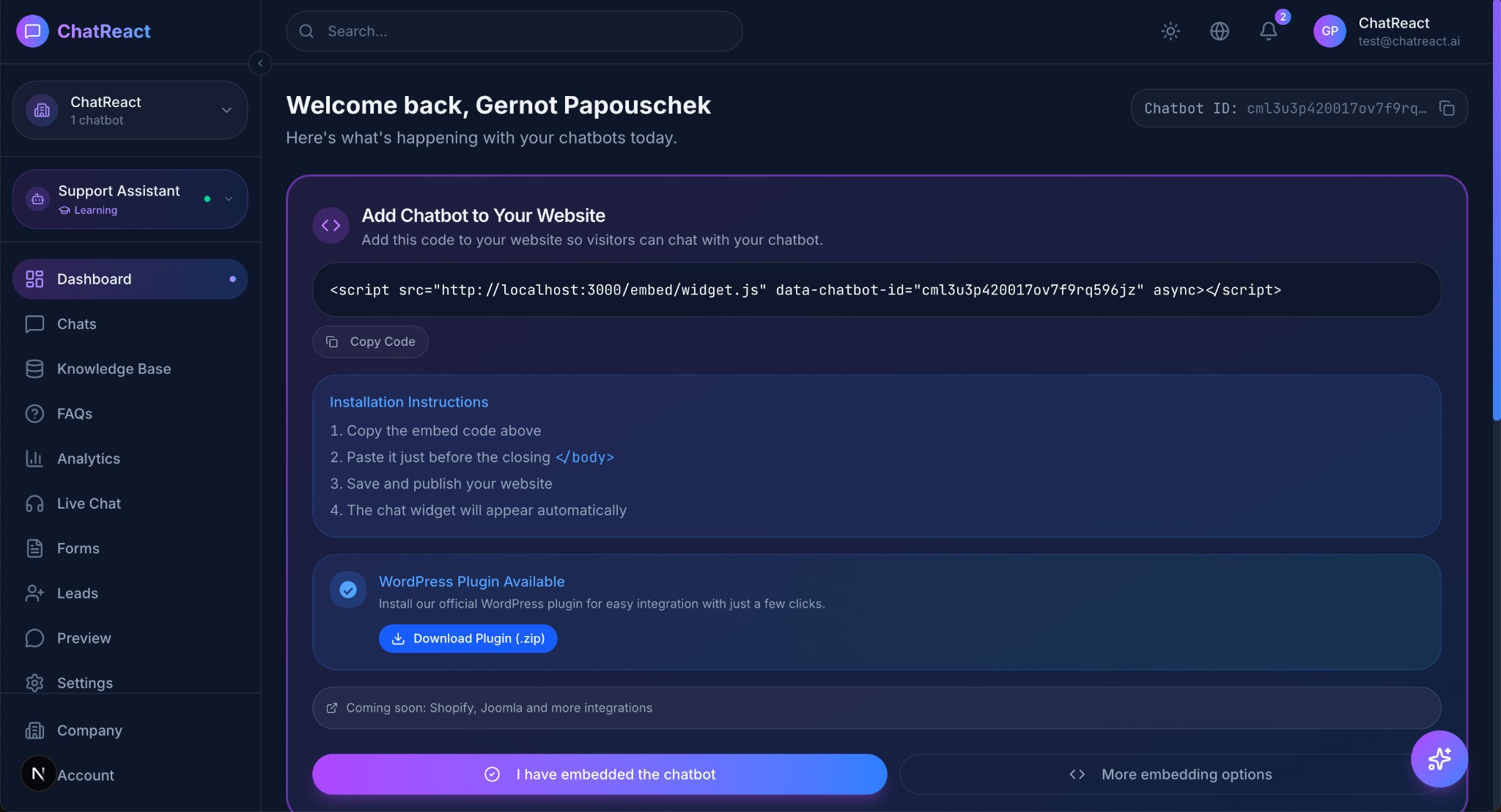 ChatReact Dashboard — Manage your chatbot, view analytics, and configure settings