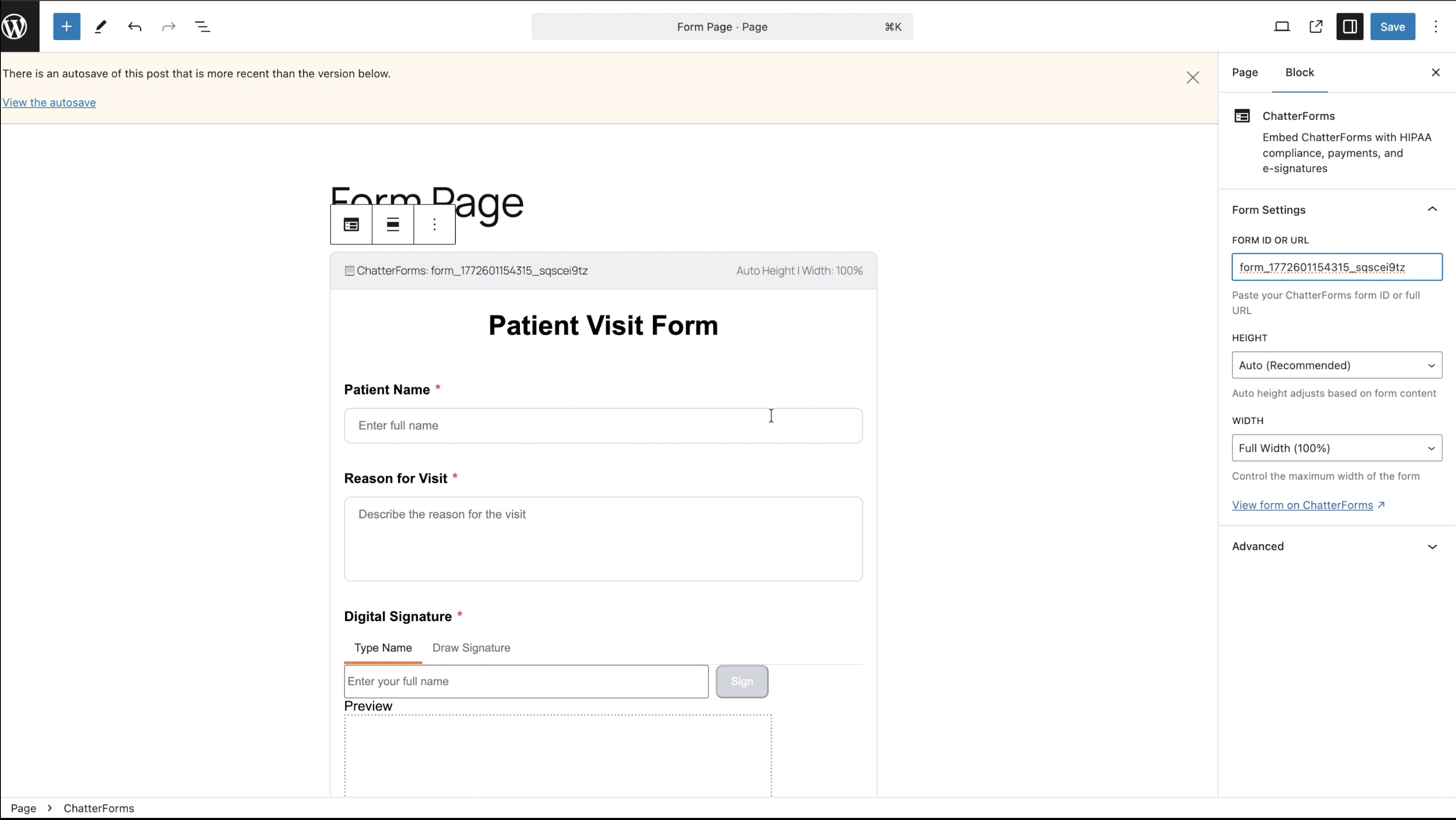 Embedded patient intake form on WordPress page with full-width display