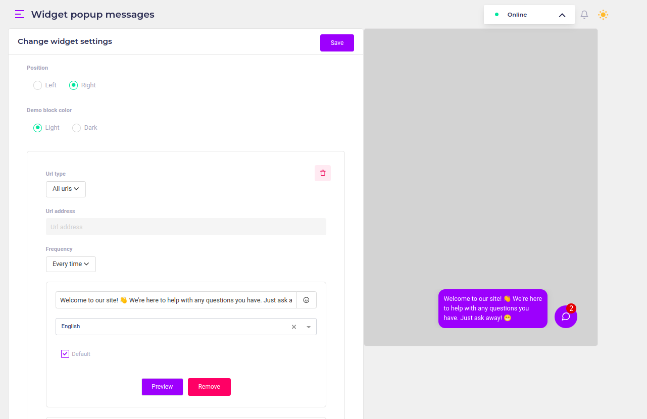 The widget pop-up messages page, displaying customizable pop-up notifications and engagement tools.