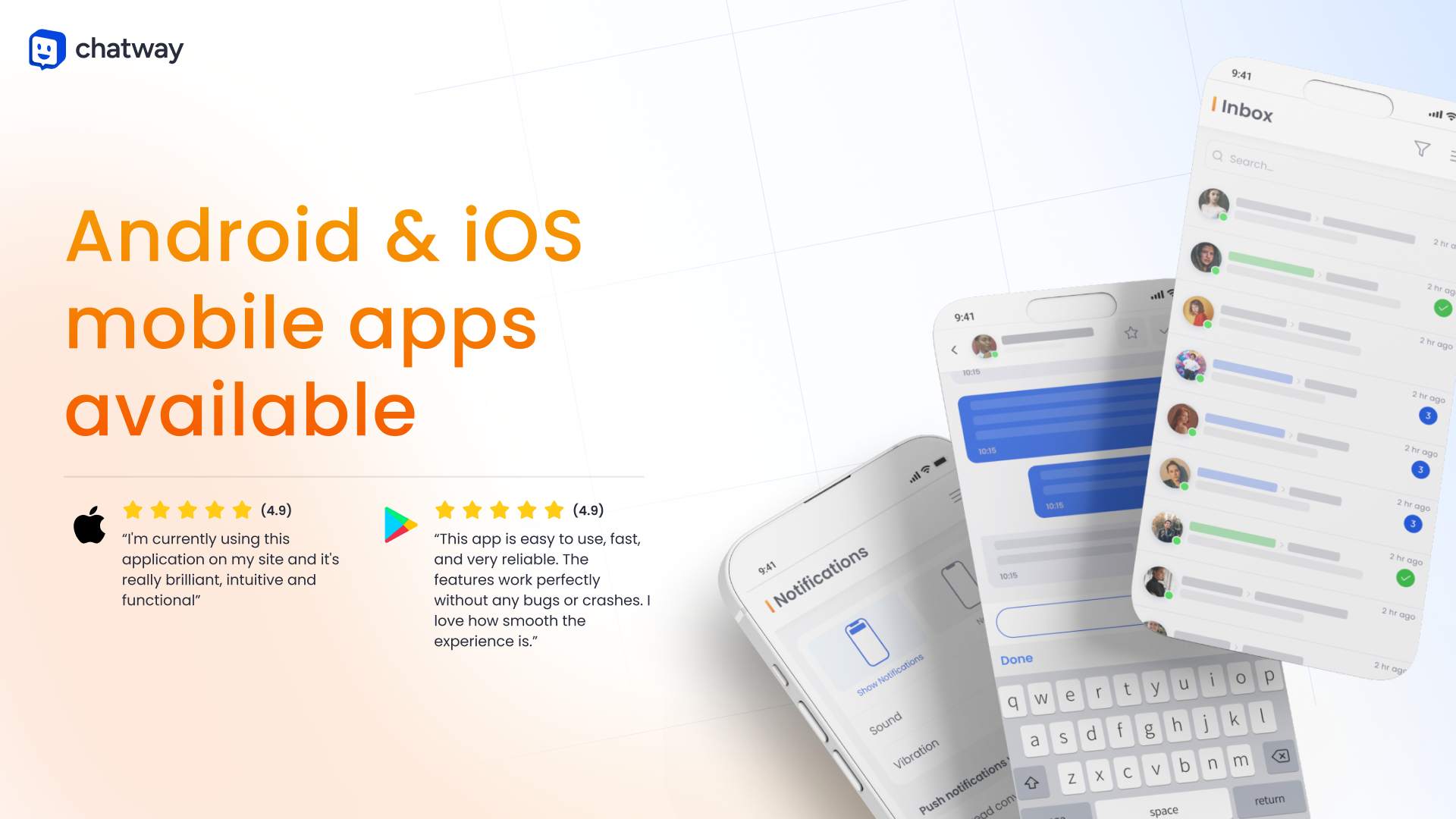 Download our iOS and Android apps and live chat with your website's visitors on the go