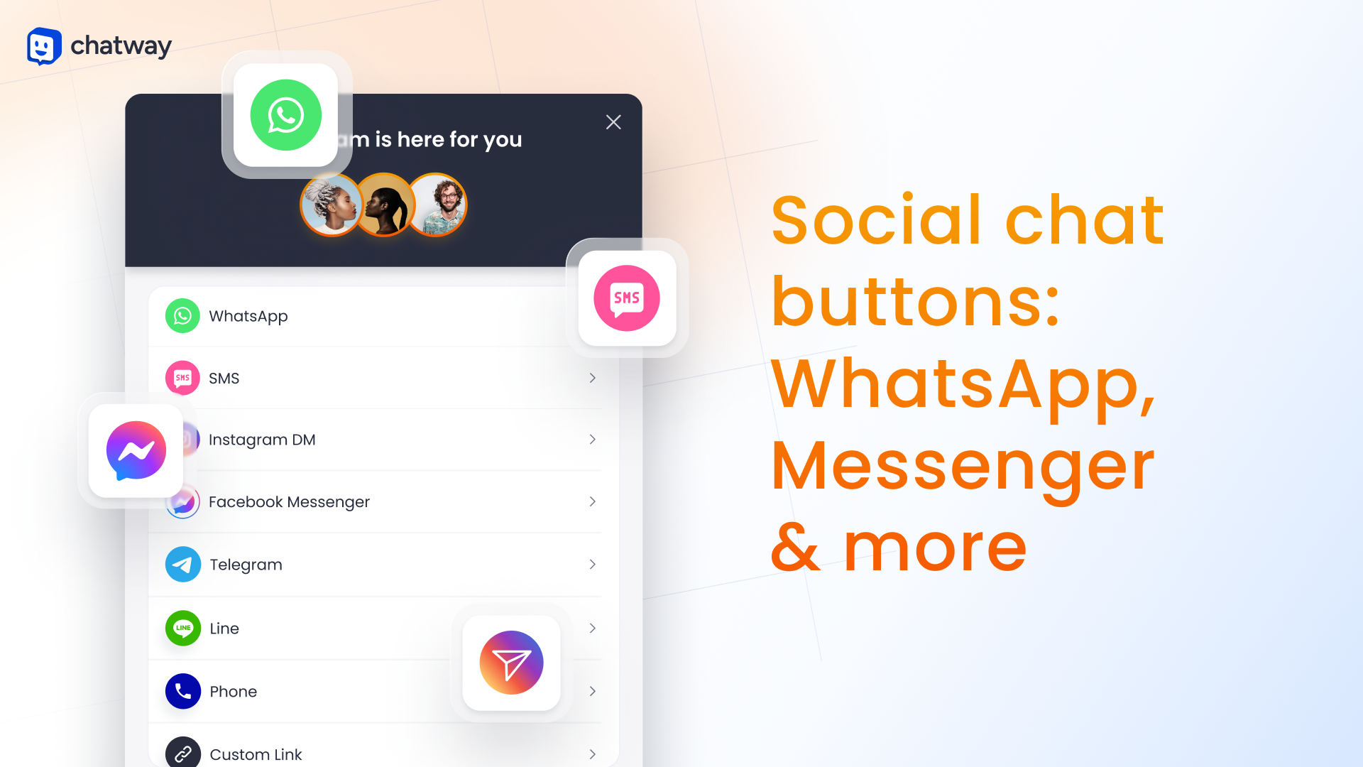 Social chat buttons like WhatsApp, Facebook Messenger, Instagram, SMS text, Telegram, click to call, Line, Email, TikTok, WeChat, Discord, Google Maps, Waze, and any custom link