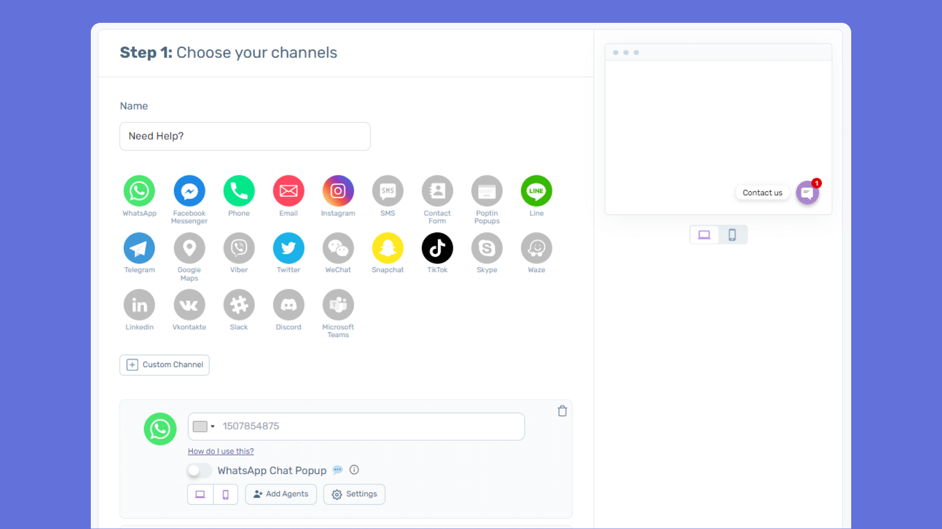 Add a contact us form to your Chaty widget