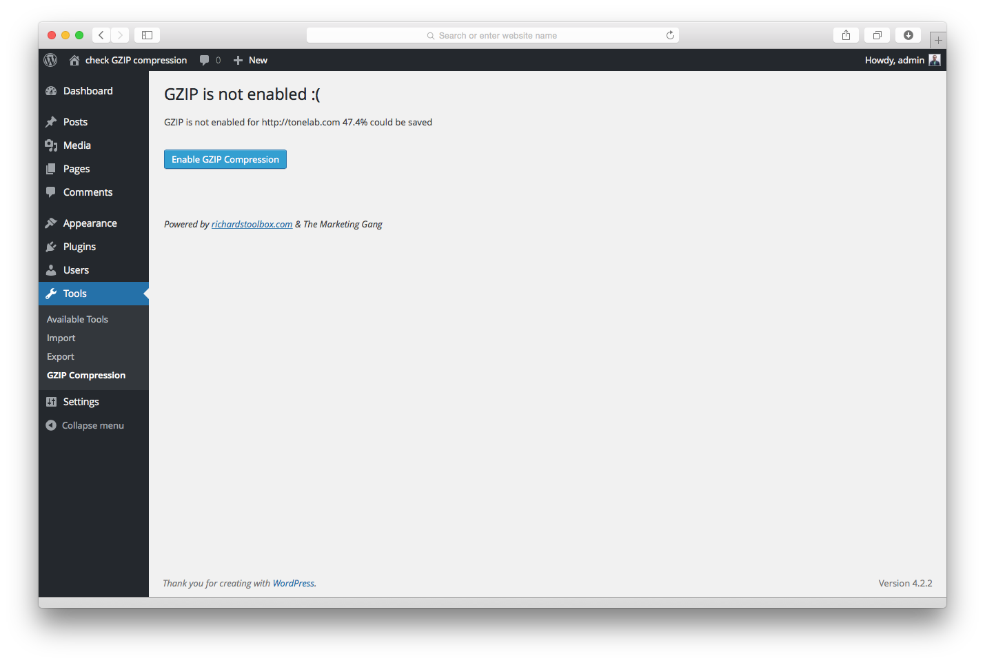 The detail page will show you details about the GZIP compression state. And will make it possible to enable GZIP compression.