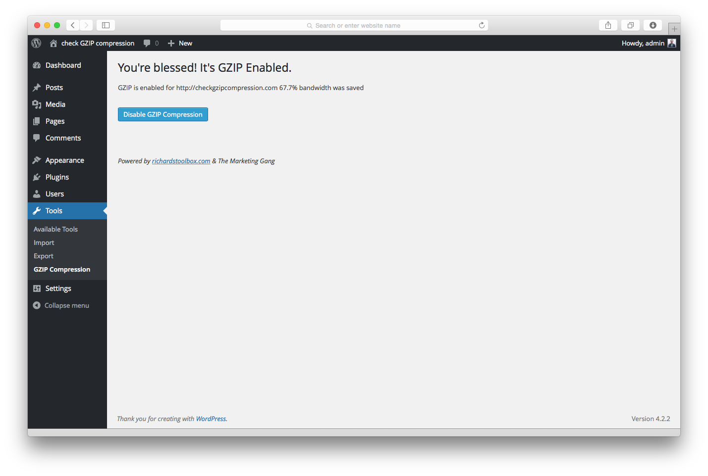 When GZIP compression is enabled, the plugin will tell you so.