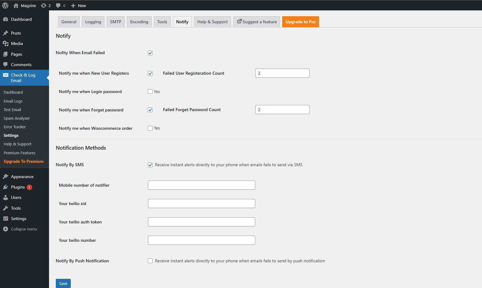 Check & Log Email - Settings