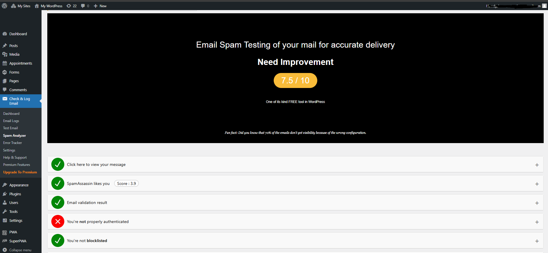 Check & Log Email - General settings setup page