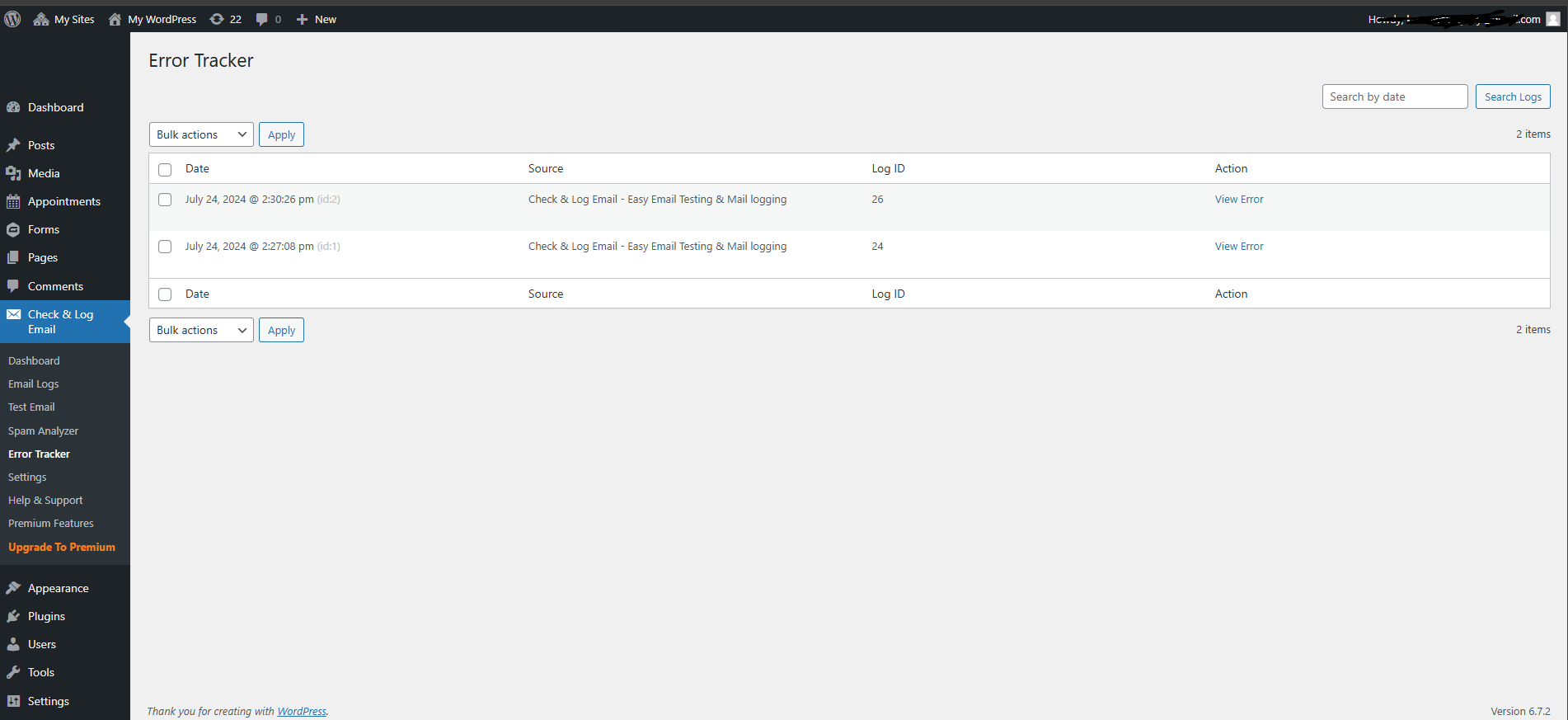 Check & Log Email - Email logging page
