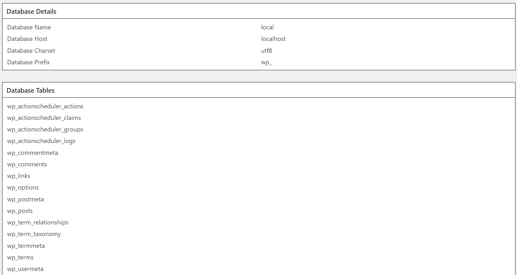 Database details along with the list of database tables.