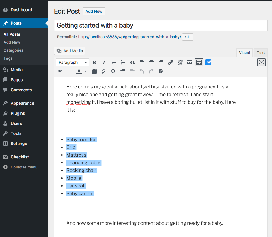 Select the list from your WordPress post editor