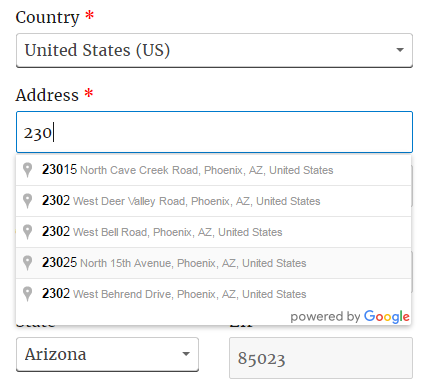 Shows address autocomplete suggestions as you type