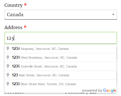 Address suggestions are relative to the selected country